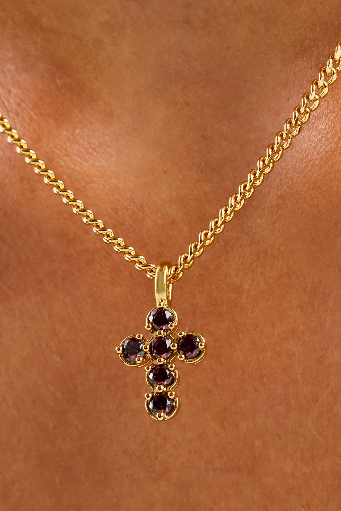 Chocolate CZ Stone Cross Necklace - 2.5mm - Gold